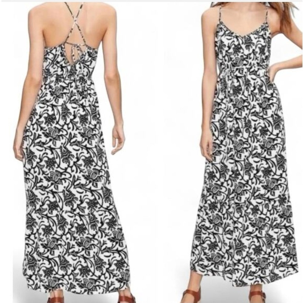 Loft NWT Womens Black White Floral Woodcut Maxi Dress Tie Back 566458 Size Large